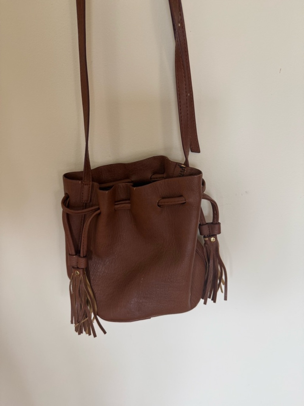 Brown Leather Fringe Drawstring Crossbody Bag